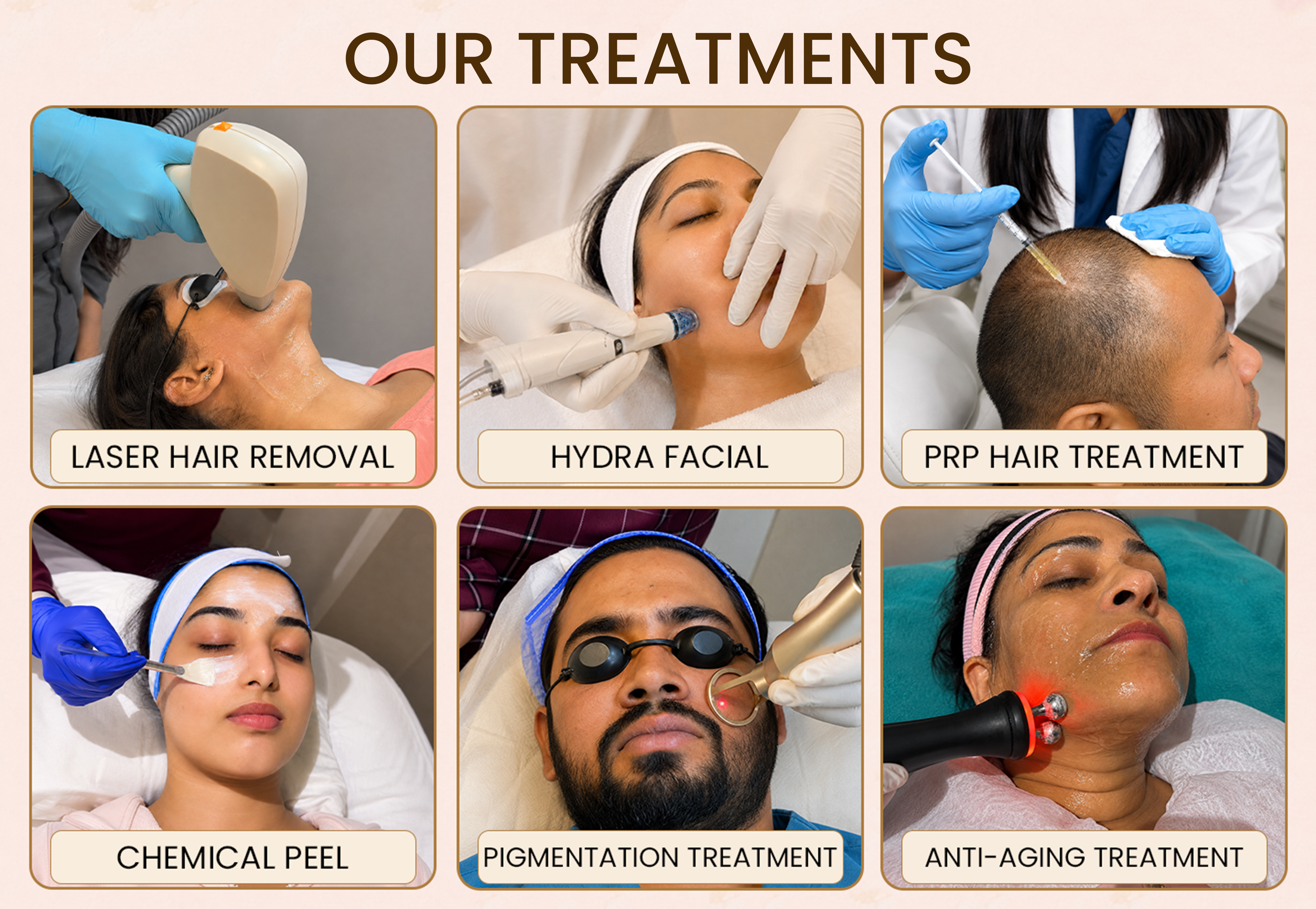 Advanced skin and hair treatments including Laser Hair Removal, HydraGlo Facial, PRP Hair Treatment, Chemical Peel and Pigmentation